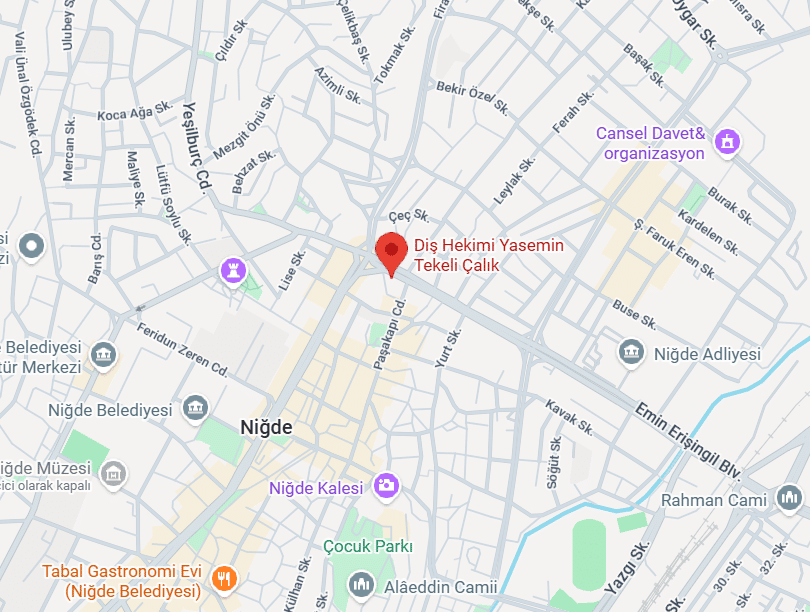 Niğde Diş Hekimi Yasemin Tekeli ÇALIK ın google haritalar konumunun ekran alıntısı.